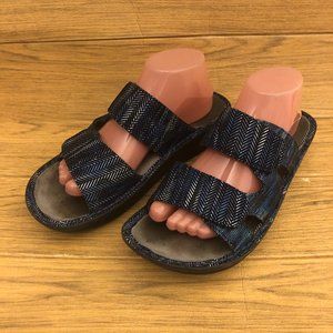 Alegria women slip on shimmery blue leather sandals, 10.5
